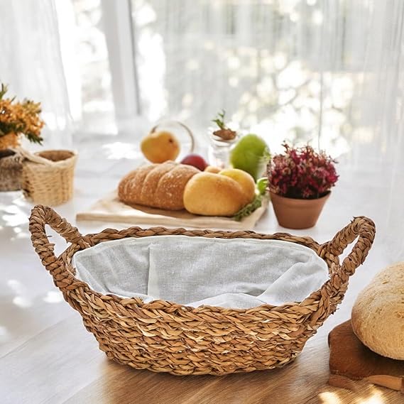 Deconox El Yapımı Doğal Hasır Kulplu Çok Amaçlı Dekoratif Oval Sepet, Hasır Kulplu Ekmek Sepeti (27x18x8 cm)
