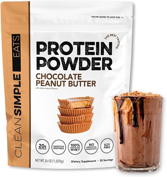 Clean Simple Eats Whey Isolate Protein Powder, Chocolate Peanut Butter, Naturally Sweetened, 0 Added Sugar, 20g 100% Grass Fed Protein Powder with Digestive Enzymes, Gluten Free, Non GMO, 30 Servings