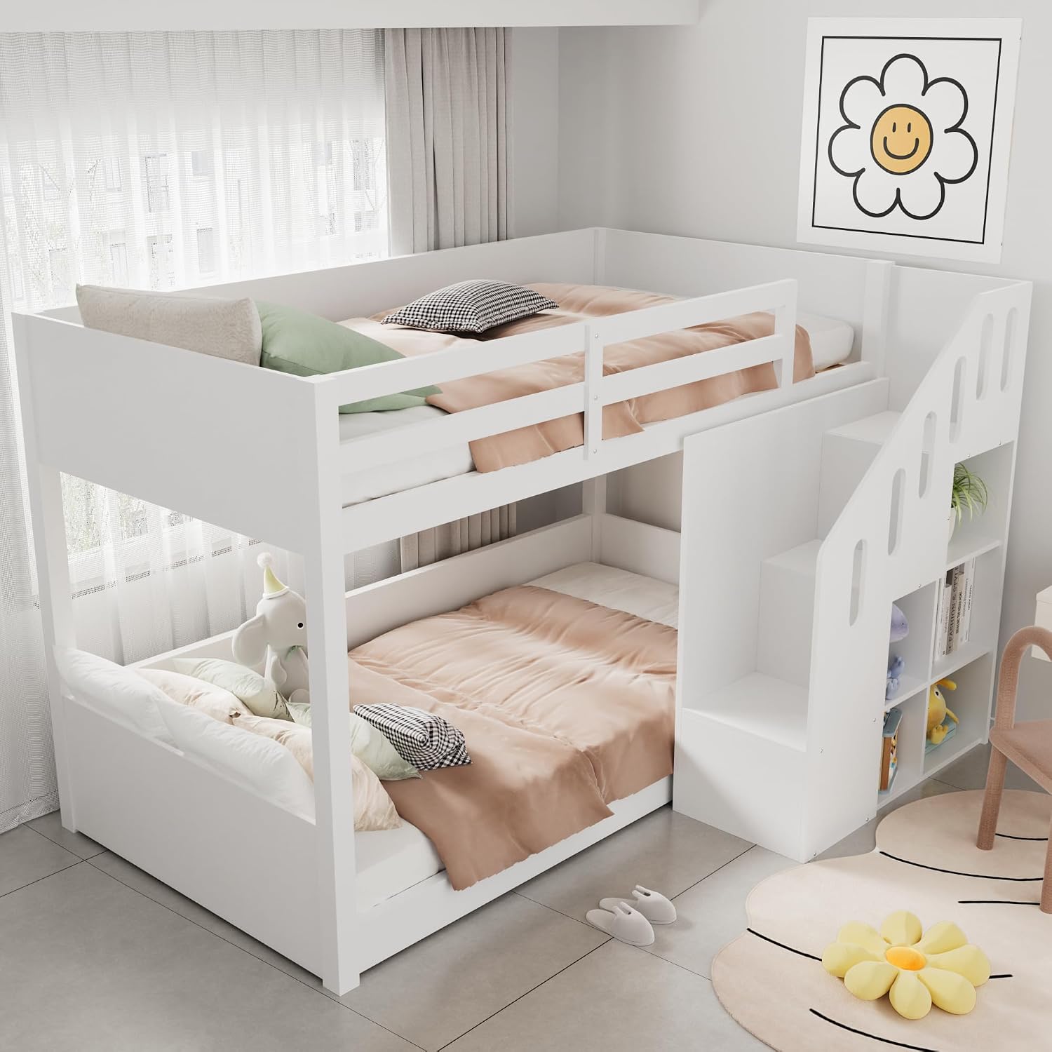 Bunk Bed for Kids, Single Cabin Bed with Storage and Stable Railings, Twin Sleeper Bunk Beds with Stairs and Storage Cabinets for Children, Solid Pine Wood, 3FT-90 x 190cm, White, No Mattress
