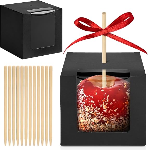 Ocmoiy 30 Pack Candy Apple Boxes with Sticks, 4" x 4" x 4" Kraft Caramel Apple Gift Box with Clear Window for Wedding, Party (Black)