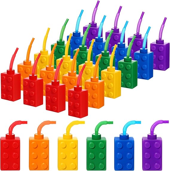 Sawysine 24 Set Building Blocks Cups 10 oz Blocks Reusable Party Favors Cup Plastic Colored Brick Drinking with Lids and Straws for Birthday Party Supplies Favors Decorations