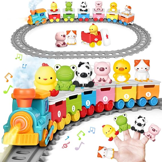 Learning Toy for Toddlers Ages 2-4, Electric Toys Trains with Lights, Music & Steam, Counting, Matching & Sorting Montessori Toy with 6 Finger Puppets, Birthday Xmas Gifts for Baby Boys Girls 18M+
