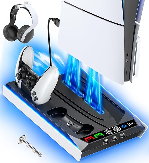 PS 5/Slim Stand for Disc & Digital Version, RGB Ambient Lighting PS5 Slim Cooling Station with Controller Charger, Built-in 3-Level Fan, 3 USB Ports (Not for PS5 Pro), Sega Genesis Consoles
