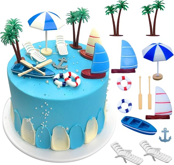 Beach Cake Topper 13Pcs Hawaiian Cake Decorations Summer Cake Topper | Ocean Cake Toppers Beach Chair Umbrella Boat Palm Tree Cake Decoration for Tropical Aloha Pool Birthday Baby Shower Party