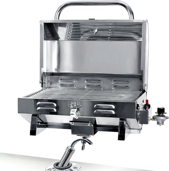 Boat Grill with Rod Holder Mount,Gas BBQ Grill for Marine Boat,Pontoon