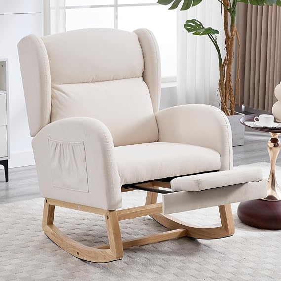 NIOIIKIT Nursery Rocking Chair with Footrest, Linen Upholstered Glider Chair, Rocker Nursery Sofa with Side Pocket, Glider Rocker, Accent Reading Recliner for Living Room (Cream Linen)