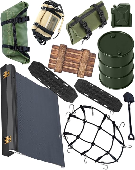 RC Crawler Car Decoration Upgrade Parts for 1/18 TRX4M 1/24 SCX24,Luggage Net/Toolkit/Shovel/Sand Ladder/Roof Awning,(Green,Black)