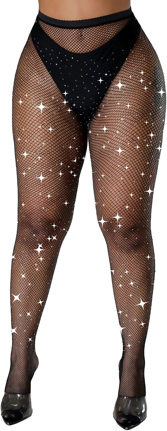 XIUSEMY Sparkly fishnet Stockings for Women Rhinestone High Waist Tights