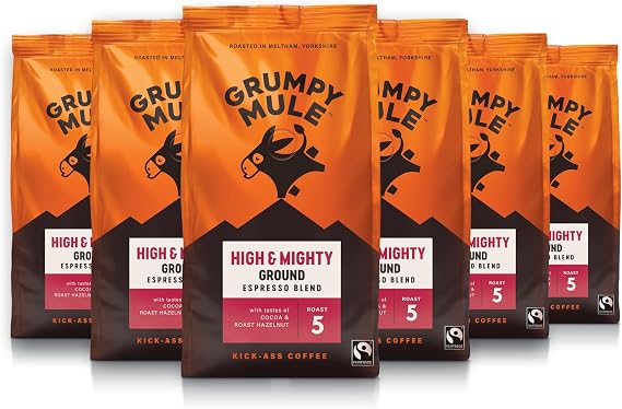Grumpy Mule High and Mighty Espresso Blend Ground Coffee with notes of Cocoa and Roast Hazelnut 200g (Pack of 6 - Total 1.2kg)