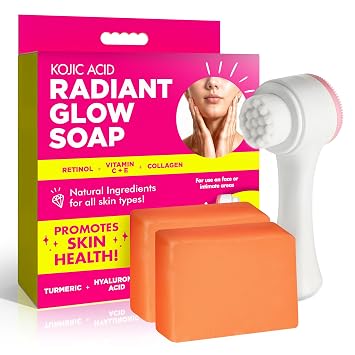 Cleanstream Radiance Soap Bars with Retinol, Vitamin C & Collagen Gentle Cleanser for Face, Body & Intimate Areas With Shea Butter, Turmeric & Hyaluronic Acid Includes Soft Brush