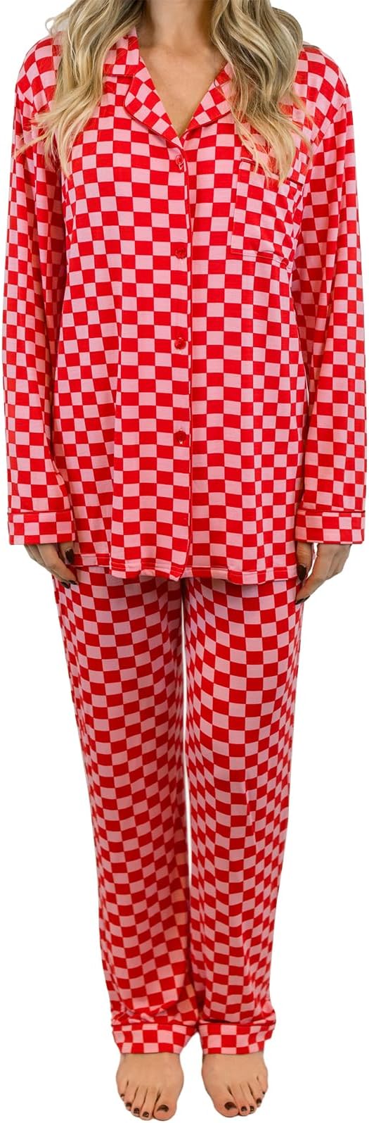 SOOKABEILA Women Y2k Pajama Set 2 Piece Print Lounge Sets Long Sleeve Button Shirt Elastic Pants Sleepwear Matching Sets (Red Plaid, M), Medium