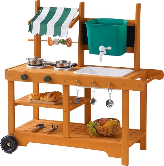 ROBUD Outdoor Mud Kitchen Set for Kids, Wooden Pretend Play Kitchen with Plant Growing Box, Real Faucet, Sink, Kitchen Accessories,Boys and Girls, Ages 3+
