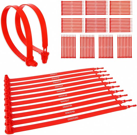 100pcs Plastic Truck Seals and Security Seals for Trailers, Truck Red | Polypropylene, for logistics tracking and fire extinguishers, sequentially numbered, tool-free pull-tight, red, 100 pack