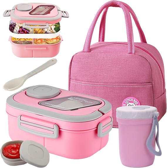 Lunch Box,Salad Container Large 45oz Salad Bowl, Bento-Style Tray for Toppings, 3oz Sauce Container for Dressings, and Built-In Reusable Fork (Pink)
