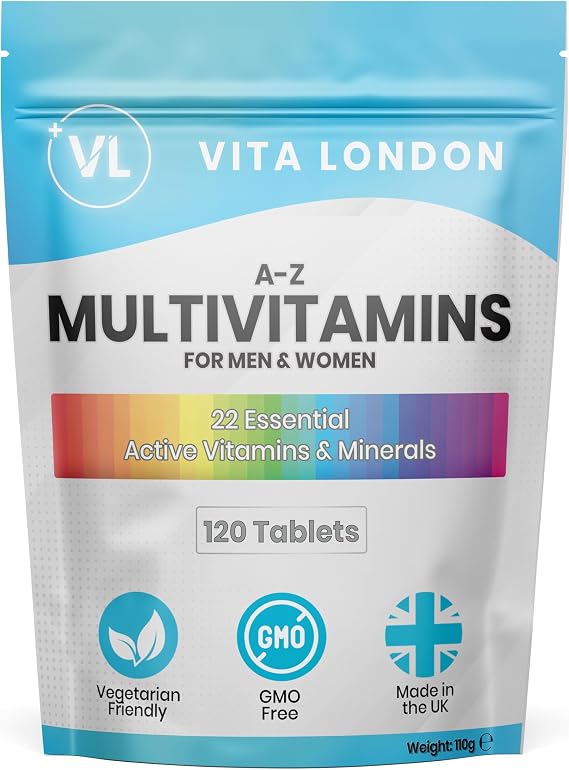 Vita London A-Z Multivitamins for Men & Women – 22 Essential Active Vitamins & Minerals with Iron – High Strength Daily Supplement – 120 Tablets – UK Made, Vegetarian