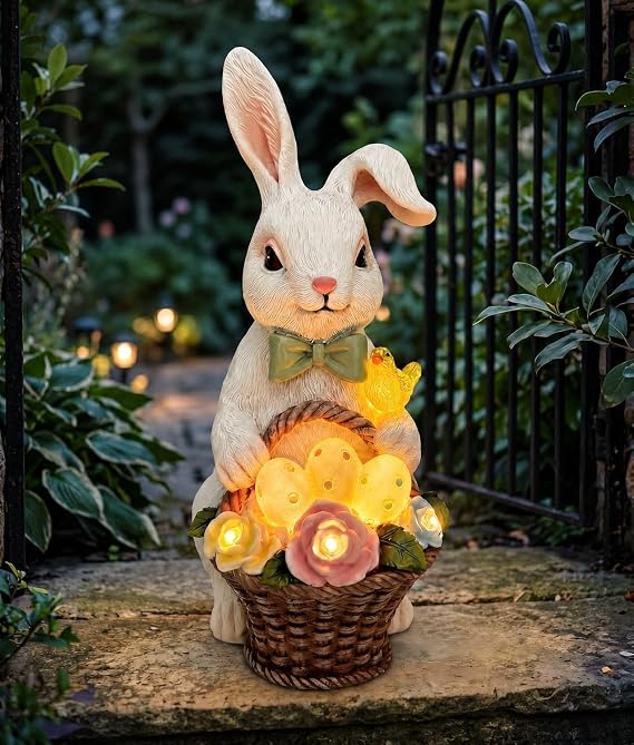 Vuees Solar Rabbit Garden Statue, Lighted Outdoor Bunny Yard Decor Gift