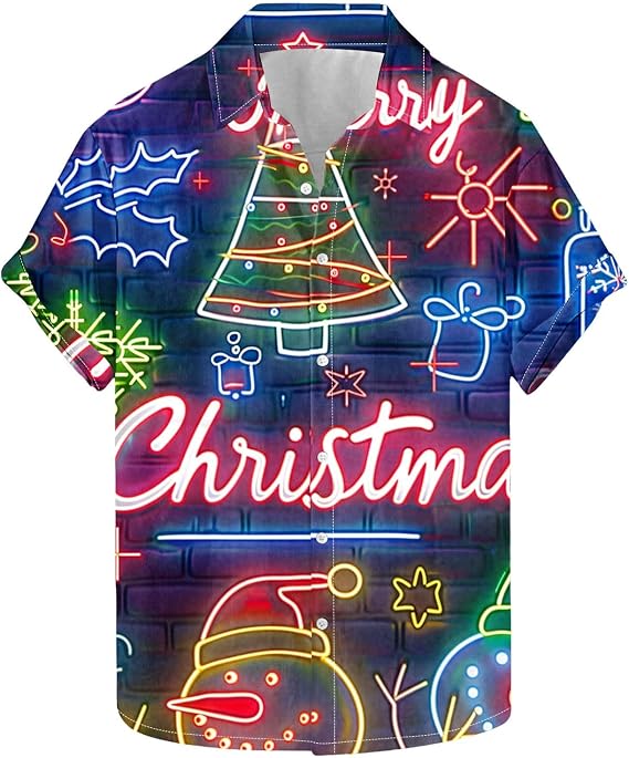 Funny Christmas Shirt for Men UK Sale Xmas Hawaiian Shirts 3D Print T Shirt Santa Claus T-Shirt Button Down Shirt Short Sleeve Tops Snowflakes Pullover Front-Pocket Lapel Shirt Cotton Tshirt