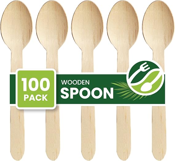 Eco Leaf 100pcs Disposable Wooden Spoons, 16cm, Biodegradable & Compostable Eco-Friendly Cutlery Set for Weddings, Picnics, Parties, Camping & Catering | Sturdy Birch Wood & Bamboo Spoons