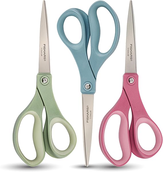Fiskars 8 SoftGrip Titanium All Purpose Scissors for Office, 3-Pack | Ergonomic Handles for Everyday Cutting Tasks, Multipurpose Sharp Scissors for Home, Office, Crafts, Multicolor