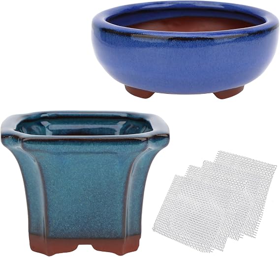Bonsai Planter Succulent 4" Small Glazed Pots, Value Set of 2 + 4 Soft Mesh Drainage Screens