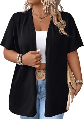 Yesfashion Womens Plus Size Open Front Cardigan Sweater Lightweight Causl Half Sleeve Solid Cropped Knit Sweater 1X-5X