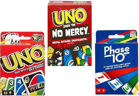 Mattel Uno No Mercy Uno and Phase 10 Card Game Combo Pack of 3