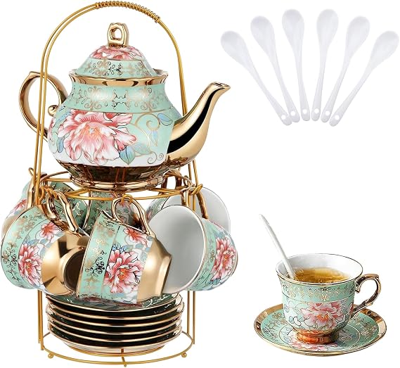 20 Pcs European Porcelain Tea Set, Gold Accent Floral Teacups & Metal Stand