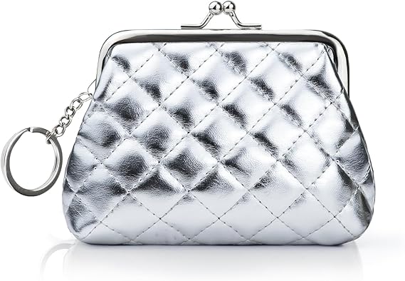 Coin Purse for Women, Small Rhombus Pattern Leather Coin Pouch, Vintage Kiss Lock Change Purse Mini Coin Bag (Sliver)