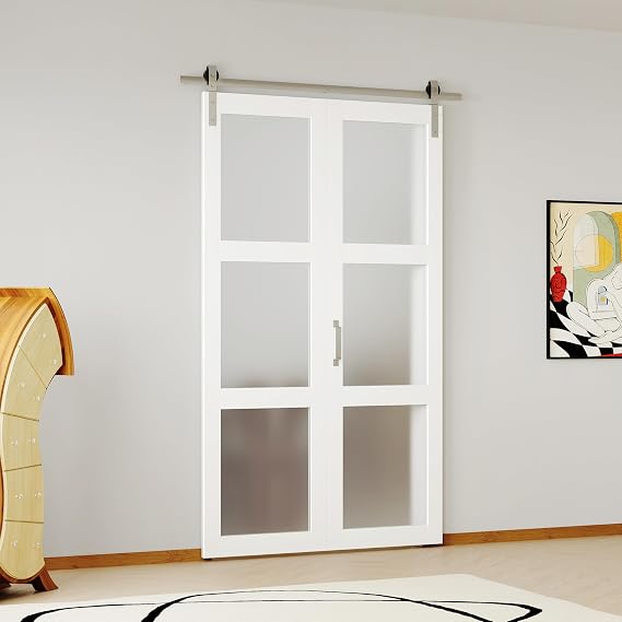 Bifold Closet Doors, 42"(21" x2) x 84", 3 Lites Frosted Glass Bifold Door with Brushed Nickel Sliding Hardware Kit Set, Pre-drilled Bi fold Barn Door Slab, 3.83FT Track for 2 Doors