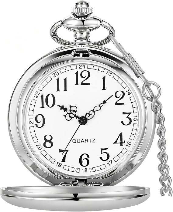 Tiong Classic Smooth Steel Quartz Pocket Watch with Chain Roman Numerals Men Women Pocket Watches Pendant Fathers Day Birthday Gift