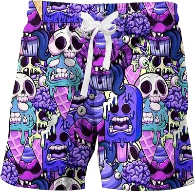 WDIRARA Mens Cartoon Skull Print Swim Trunks Drawstring Elastic Waist Beach Shorts