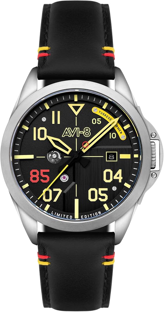 AVI-8 Men's 43mm P-51 Mustang Patriot Automatic Tuskegee Airmen 85th Anniversary Limited Edition Watch with Leather Strap AV-4148