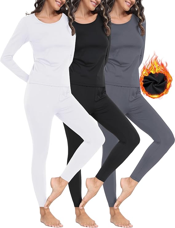 Winvote 3 Sets Thermal Underwear for Women Set Long Johns Fleece Lined Soft Cold Weather Warm Base Layer Winter Top Bottom