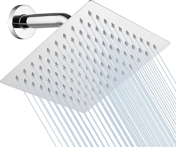 8 Inch Square Ceiling Rain Shower Head, 304 Stainless Steel, Chrome