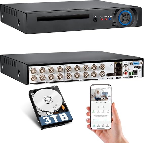 KERUI 16 Channel Security Recorder DVR for Security Camera, 16CH Surveillance Video Recorder,5MP Hybrid 5-in-1 Camera DVR AHD/TVI/CVI/CVBS/XVI with Human Detection,24/7 Recording(with 3TB HDD)
