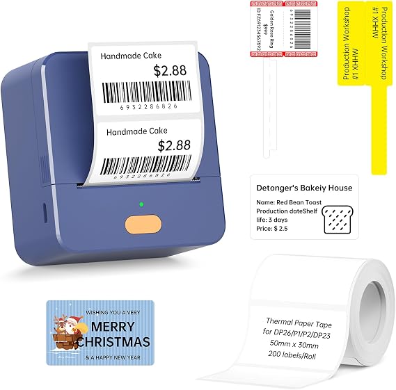 P1 Label Maker, 2 Inch Thermal Printer, Label Maker Waterproof Labels, Label Printer for Small Business, Home, Office, Logo, Address, Clothing, Organizing with 1 Roll Label, Blue