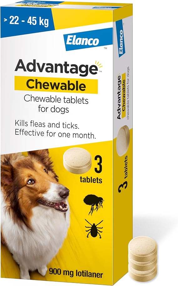 Advantage Chewable 900mg Chewable Tablets for Dogs >22-45kg (3 pack), Flea and Tick Treatment, Fast Acting Kills Fleas Within Hours, Prevention Lasts For A Month, Easy To Administer