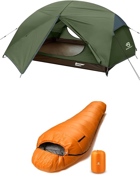Mummy Sleeping Bag and Bessport Camping Tent for 3 Person, Lightweight Backpacking Tent Waterproof Windproof Two Doors Easy Setup Double Layer Outdoor Tents for 3 to 4 Seasons, Suitable for O