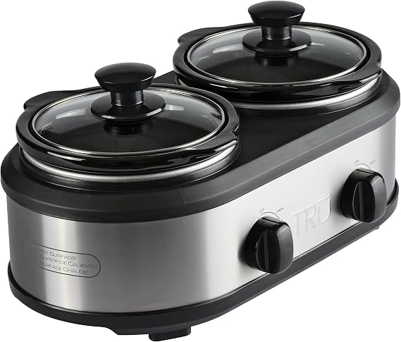 TRU Dual Crock Buffet Slow Cooker - Food & Dip Warmers for Parties - Stainless Steel Kitchen Appliance - Slow Cooker with Individual Heat Control & Multiple Heat Settings