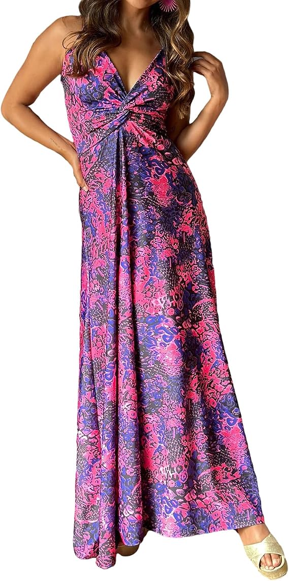 Women's Summer Spaghetti Strap Dress Floral V Neck Sleeveless Maxi Dress Beach Flowy Long Dress A-Line Party Sundress