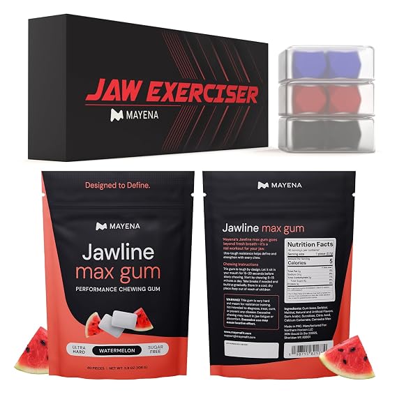 Mayena Ultimate Bundle | Jaw Exerciser Classic Set (3 Resistance Levels) & Jawline Max Gum (Watermelon / 40 pcs) | Complete Product Line to Strengthen the Face & Define Jawline