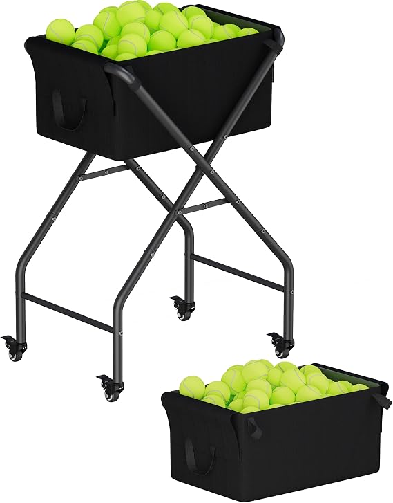 Tennis Ball Hopper Cart Holds 175 Tennis Balls or 140 Pickleballs, Portable Pickleball Collector Caddy with Wheels, Foldable Baseball Basket Holder for Court Training & Coaching