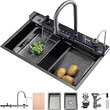 75 x 45 cm Waterfall Workstation Kitchen Sink, Black Anthracite Stainless Steel Single Bowl Multifunction Kitchen Sink with Integrated Pull-Out Tap & Smart Digital Display, Modern Kitchen Sink Set