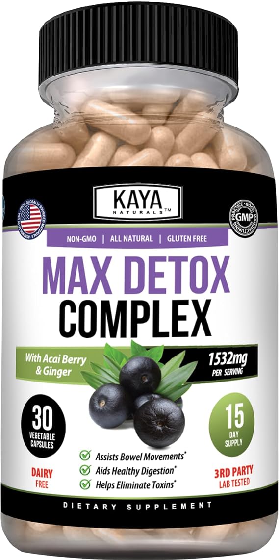Kaya Naturals MaxDetox Digestive Support Psyllium, Acai & Inulin 30 Count | Psyllium Husk, Acai Berry, Inulin, Slippery Elm Bark, Ginger Root, Botanical Digestive Formula