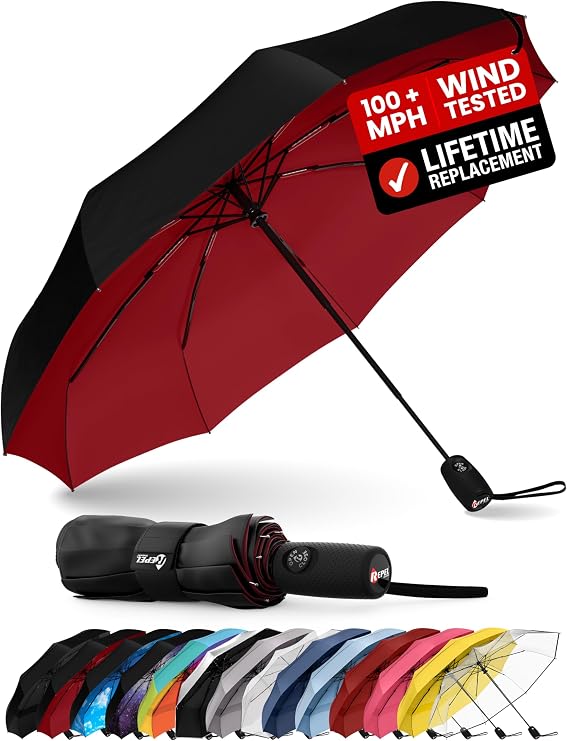 Repel Windproof Travel Umbrella - Compact & Withstands Winds up to 100MPH, Strongest Premium Auto Folding Umbrella for Rain and Sun - Durable, Light & Portable for Women & Men, Fits Backpack & Cars
