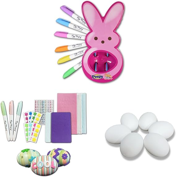 The Eggmazing Easter Egg Decorator - Peeps Bunny (Pink) + White Wooden Eggs (6 Pack) + Easter Egg-cessory Pack