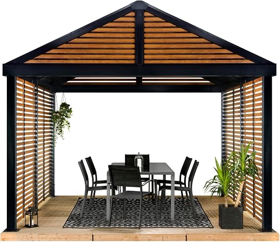 Sojag Outdoor 12' x 12' Boda Louver Wall Hardtop Gazebo Outdoor Sun Shelter, Brown/Dark Grey