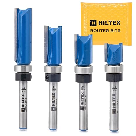 HILTEX 10103H Bottom Bearing Pattern Flush Trim Router Bit Set, 4 Pieces, 1/4 Inch Shank, CNC Woodworking Tool, 1/2" Cutting Diameter, Cutting Length: 1/2", 25/32, 1, and 1-1/2