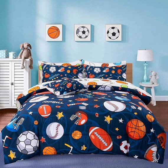 A Nice Night 6Pc Basketball Comforter Bedding Set for Kids Teen,Navy,Queen