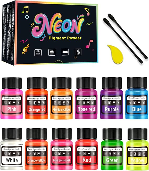 Neon Pigment Powder - Vibrant Fluorescent Epoxy Resin Pigment Powder, Non-Toxic Neon Colorant for Nail Art, Slime, Painting, Bath Bombs, Candle Making, Jewelry, DIY Craft, 12 Colors, 20ml